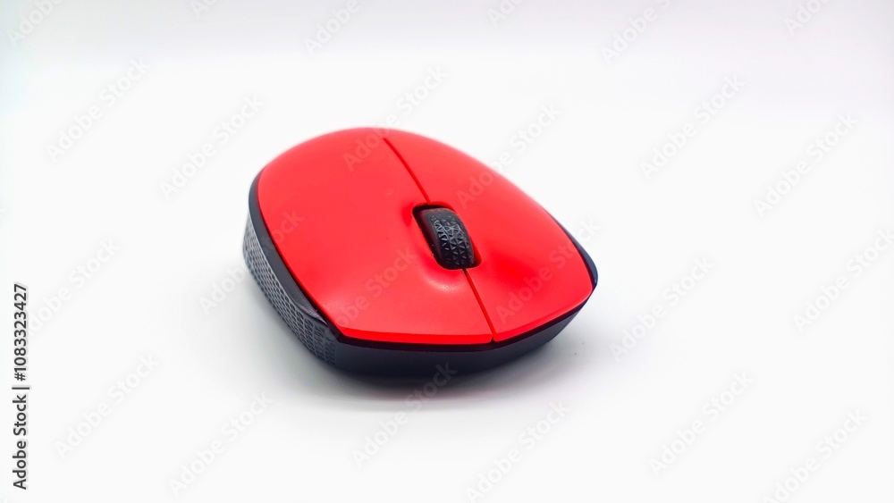 Fototapete red wireless computer mouse on white background and space for text and graphics