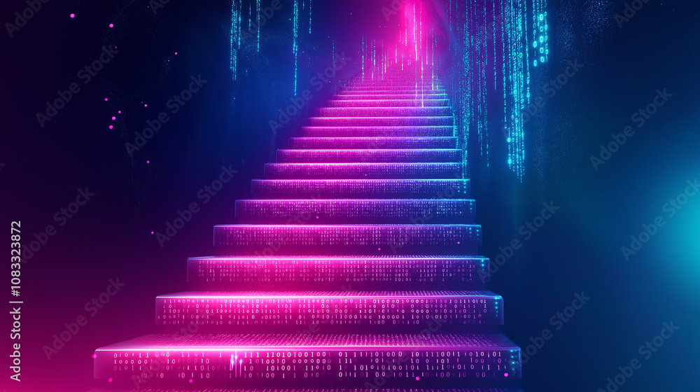 Poster Futuristic data stream forming a stairway to artificial intelligence is made of binary code