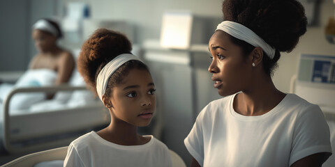 Worried mother and daughter discussing in hospital room