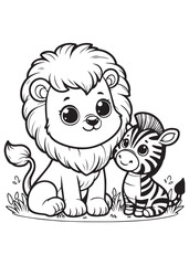 Fototapeta premium Coloring page education lion and zebra friends 