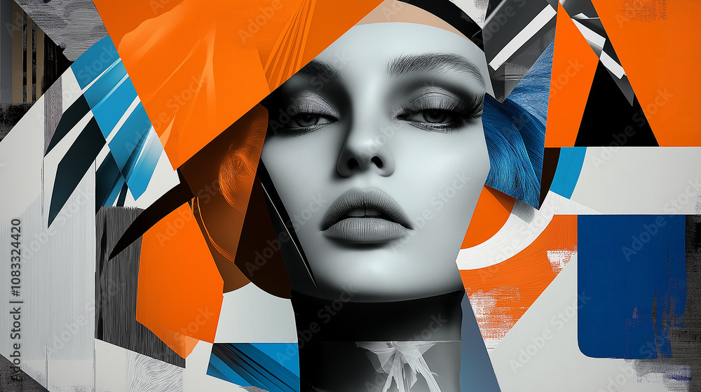 Poster model face emerging from an orange and blue abstract background
