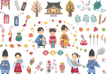 11月　七五三　着物姿の子供たち　紅葉　神社　イラストセット