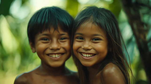 Portrait of two happy indigenous children smiling in the amazon rainforest