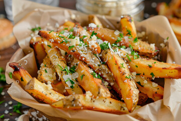 Crispy garlic parmesan fries with parsley garnish and grated cheese in a serving basket