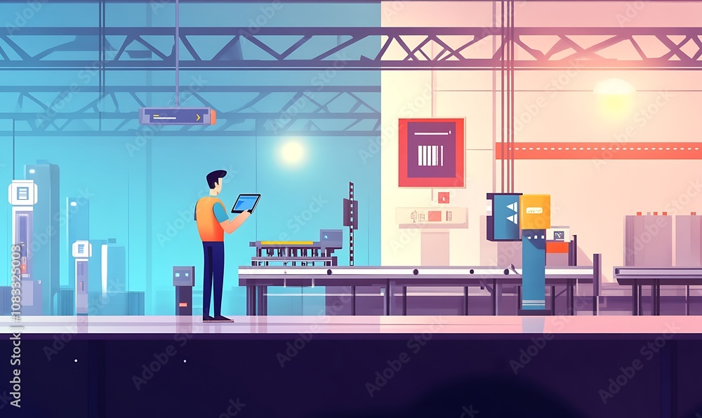 Poster a digital illustration of a factory setting with a worker using a tablet by a conveyor belt.