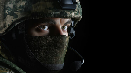 Fototapeta premium Soldier wearing camouflage helmet and mask in dark background