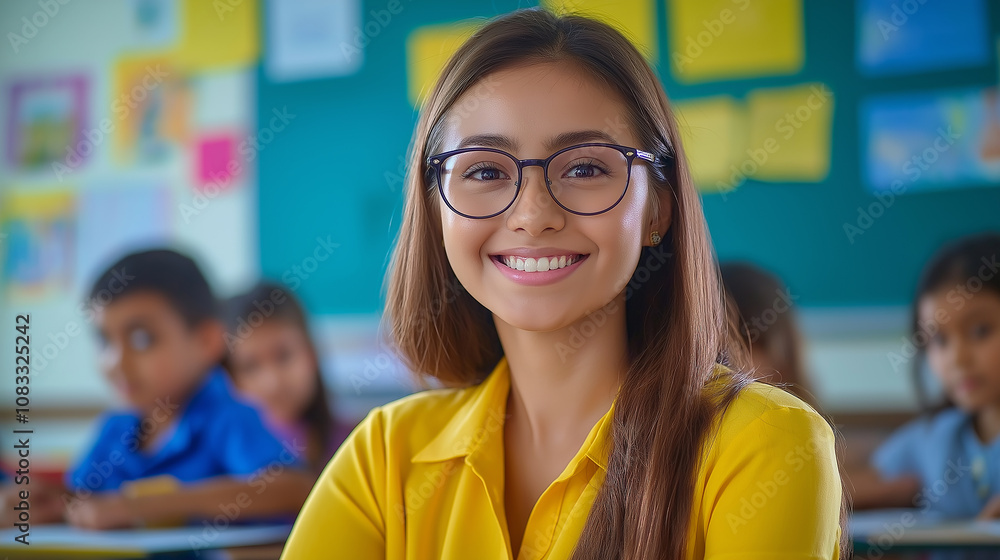 Poster smiling teacher wearing glasses standing in classroom with students studying behind