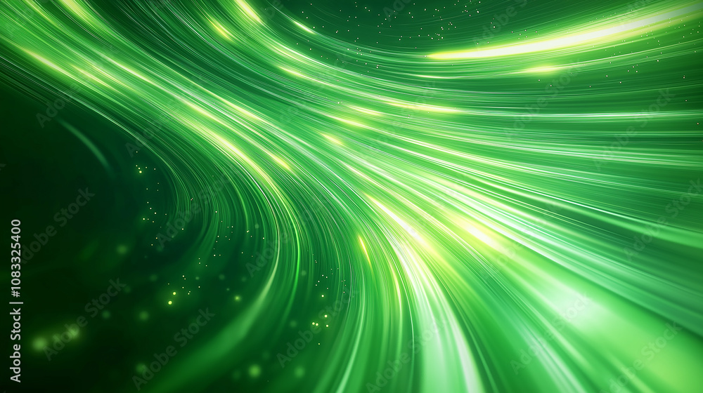 Poster green energy beams flowing through space with sparkling particles