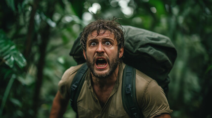 Backpacker screaming in the jungle during expedition