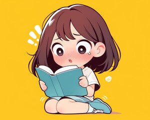 Fototapeta premium Anime girl reading a book wallpaper. Anime, illustration of a girl reading a book, manga character, coloring book, kawaii coloring book, scared, shocked look
