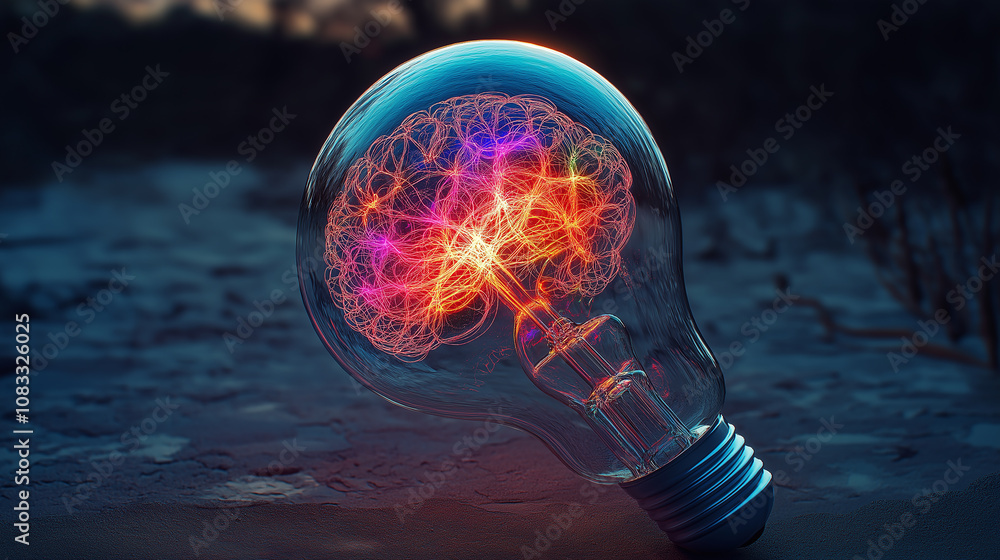 Poster light bulb containing glowing brain symbolizing innovation and creativity