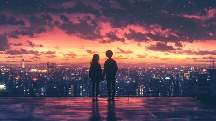 Fototapeta premium Lofi anime couple enjoying city afternoon. Romantic glow with chill hip hop vibe. Anime urban relaxation.