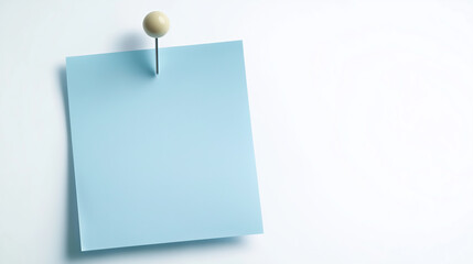 Push pin holding blank light blue sticky note on white background