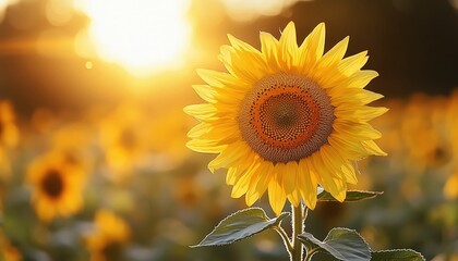 Obraz premium Sunflowers basking in golden hour, radiant bloom, soft bokeh, field of sun