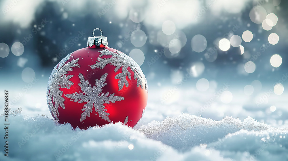 Poster red christmas ball resting on snow with falling snowflakes and bokeh lights