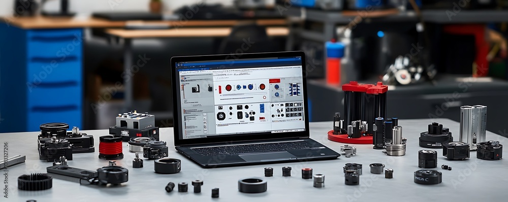 Aufkleber a workspace featuring a laptop and various mechanical components for design or engineering.