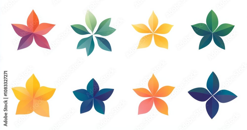 Poster a series of colorful, flat design flower shapes in various colors, presented as simple vector graphi