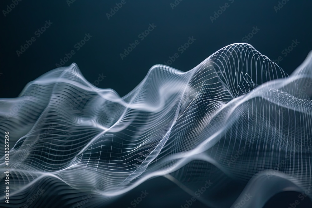 Poster Dynamic wave-like patterns created with lines flowing in a dark background showcasing abstract art. Generative AI