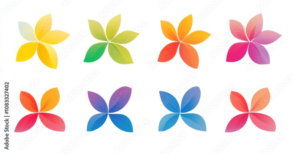 Poster a series of colorful, flat design flower shapes in various colors, presented as simple vector graphi