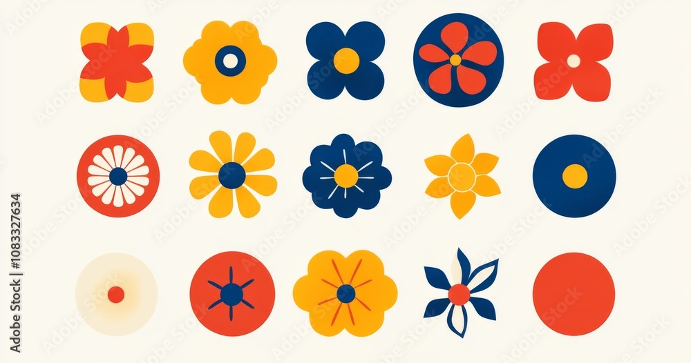 Poster a series of colorful, flat design flower shapes in various colors, presented as simple vector graphi