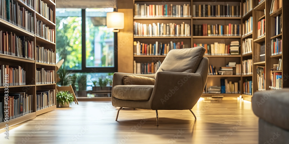 Poster Comfortable armchair inviting readers in a modern library setting