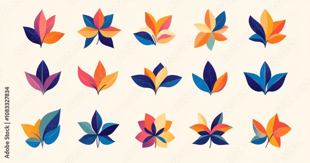 Poster a series of colorful, flat design flower shapes in various colors, presented as simple vector graphi
