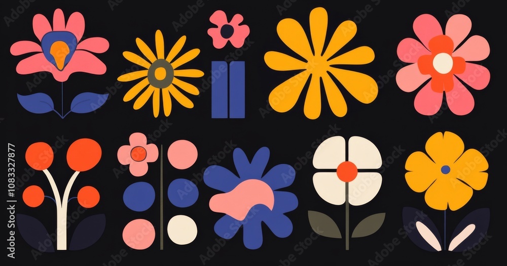 Poster a series of colorful, flat design flower shapes in various colors, presented as simple vector graphi