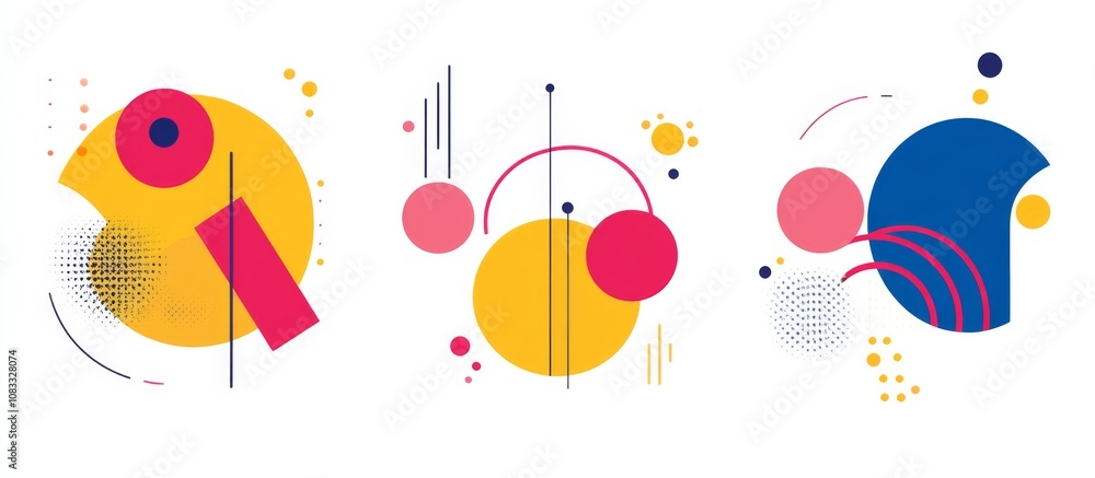 Poster set of three abstract designs featuring rounded shapes and colorful lines, each with unique color pa