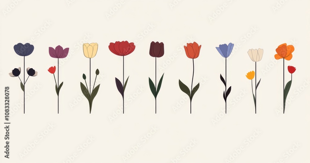 Poster a series of simple, solid-color flower shapes arranged in a grid with no space between them. colors 
