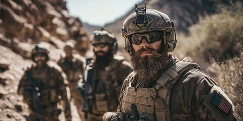 Naklejka premium Military squad patrolling a rocky canyon