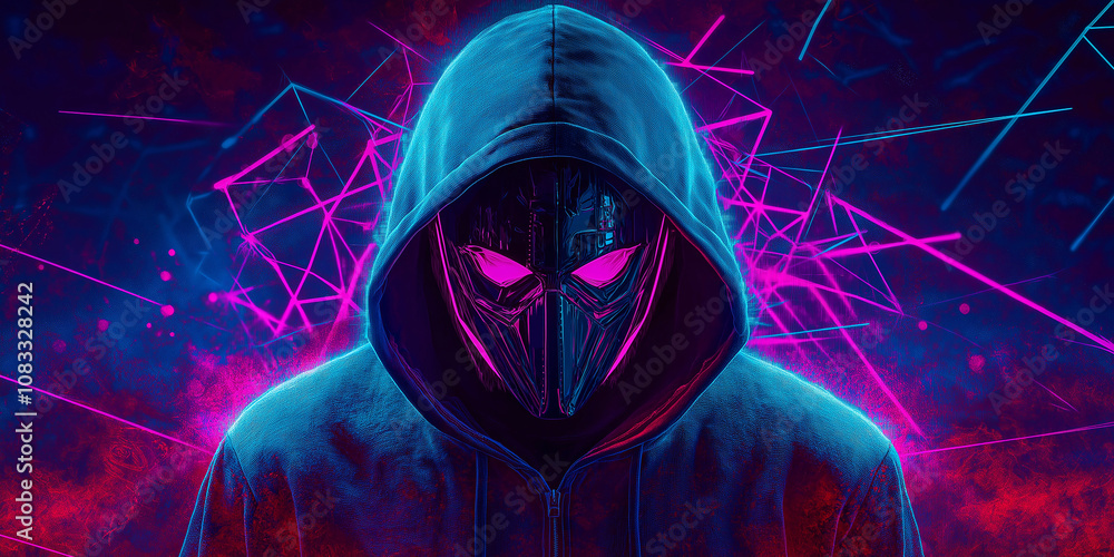 Poster cyberpunk hacker wearing hoodie and futuristic mask with glowing eyes