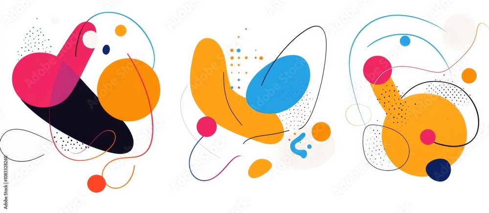 Poster set of three abstract designs featuring rounded shapes and colorful lines, each with unique color pa