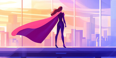 Fototapeta premium Superhero woman watching cityscape at sunset from office window