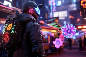 Obraz premium Holiday market in a cyberpunk cityscape, with neon decorations, colorful holograms, and tech-savvy travelers