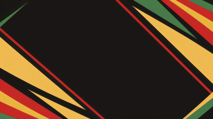 A black background features red, yellow, and green stripes along the edges, symbolizing heritage.