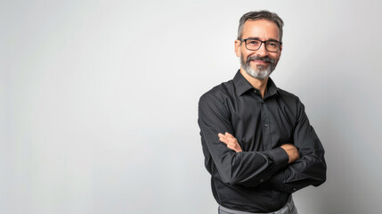 Fototapeta premium A handsome businessman in a black shirt and gray pants smiling and standing with his arms crossed, isolated on a white background.
