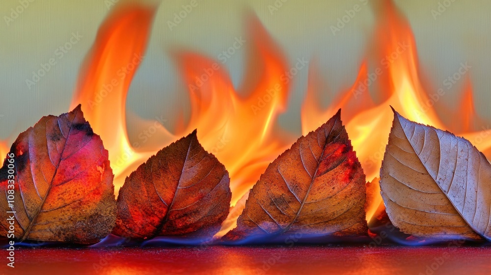 Poster Leaves arranged in front of flames, creating a striking contrast.