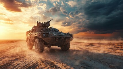military vehicle in the war zone in a desert with dark cloud in the background