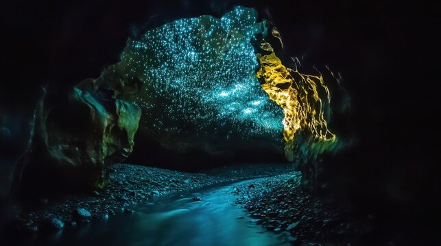 An enchanting view of the glowworm caves of Waitomo, New Zealand, with bioluminescent glowworms creating a starry sky effect on the cave ceiling