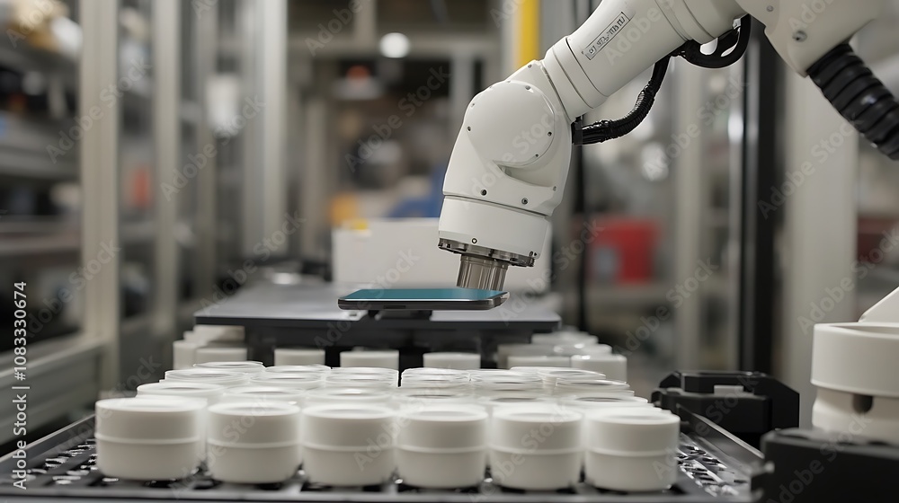 Poster a robotic arm handling a smartphone above a tray of containers in an industrial setting.