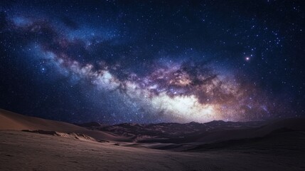 Fototapeta premium An enchanting view of the Milky Way galaxy arching over a remote desert landscape, Milky Way scene, Cosmic style