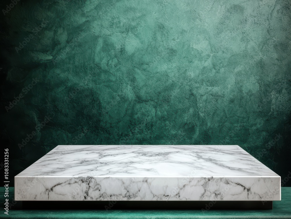 Poster marble podium presentation stone visual concept. marble display platform on textured green backgroun