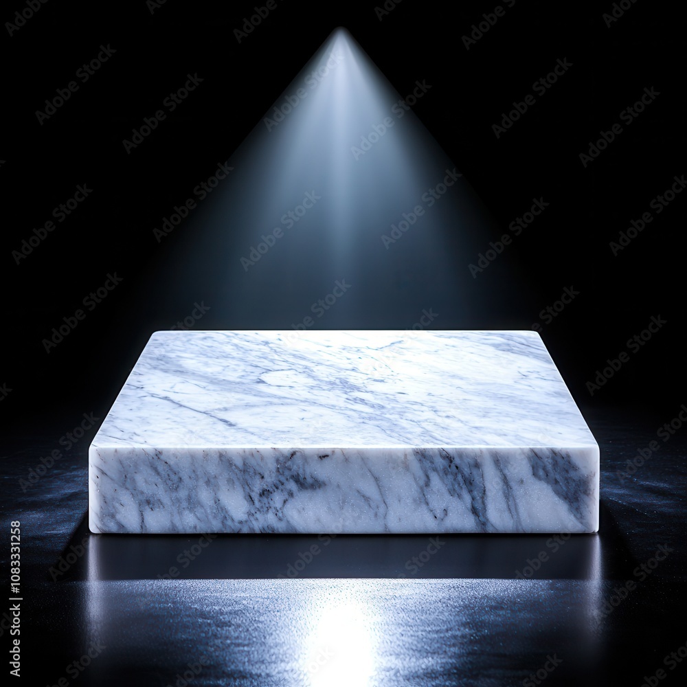 Poster marble podium presentation stone visual concept. marble display block on dark backdrop with spotligh