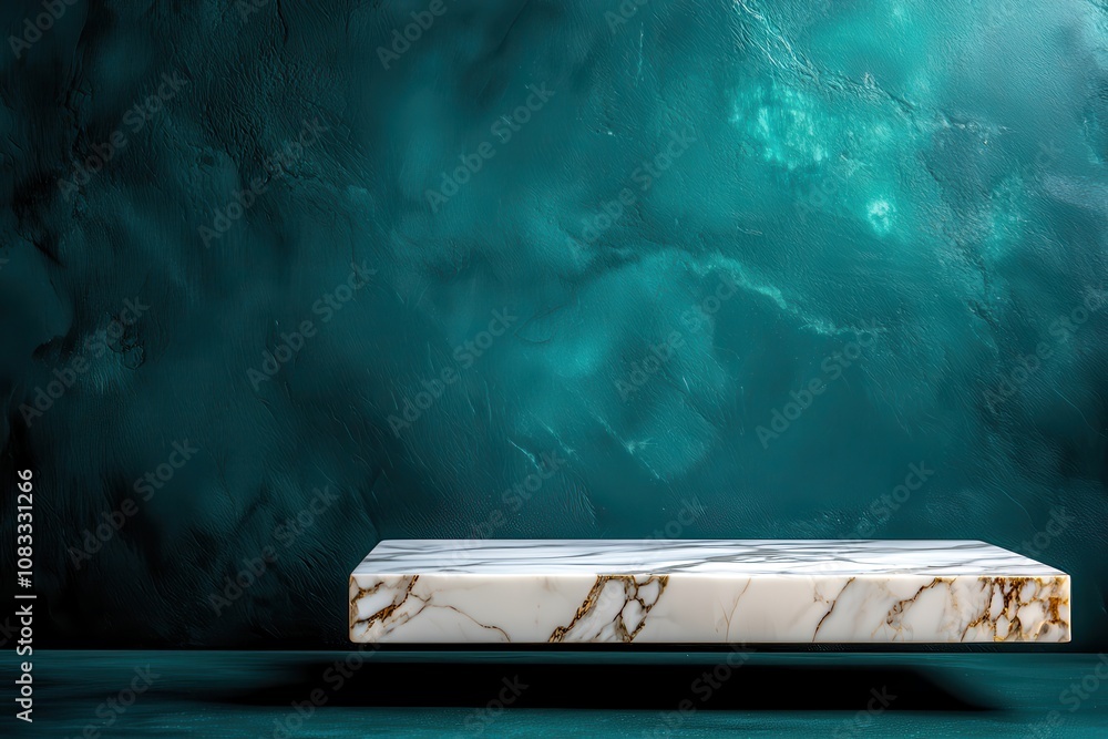Poster marble podium presentation stone visual concept. marble display platform on teal textured background