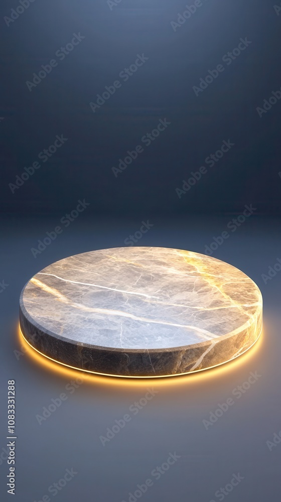 Poster marble podium presentation stone visual concept. marble display platform with illuminated edge on da