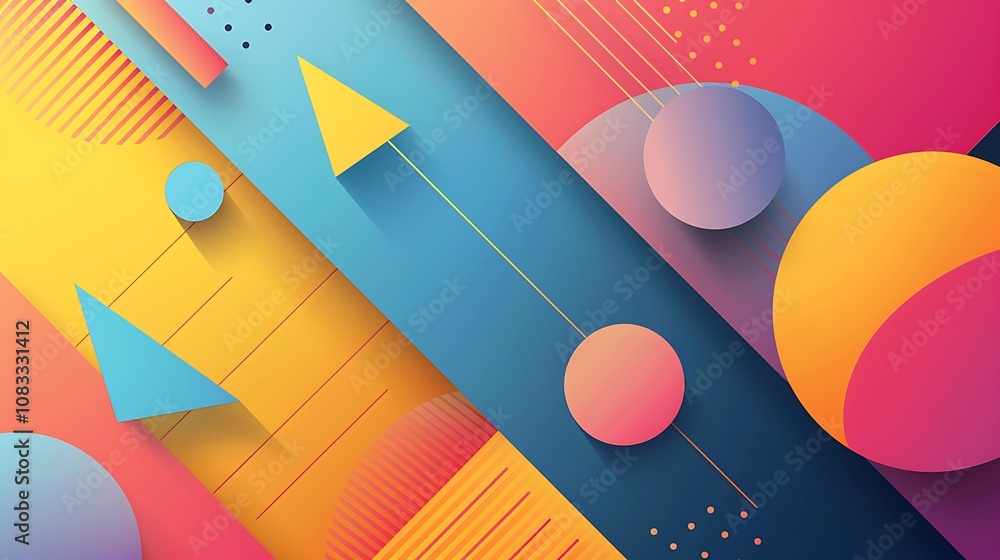 Poster colorful abstract background with geometric shapes. vibrant and bold, featuring circles, triangles, 