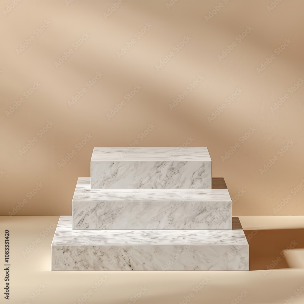 Poster marble podium presentation stone visual concept. three rectangular marble blocks on a beige backgrou