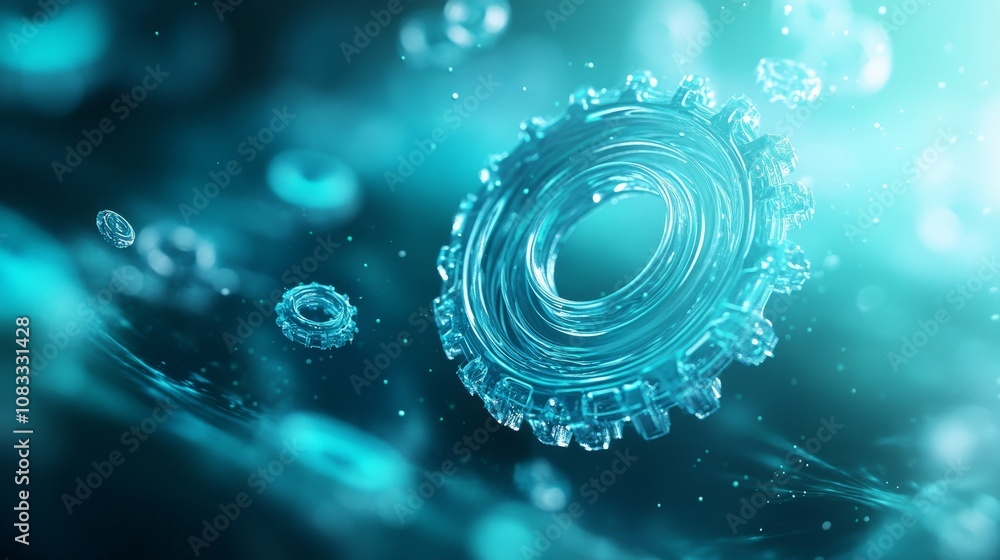 Poster abstract illustration of translucent gears floating in a luminous blue environment, symbolizing tech