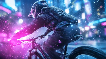 Dynamic Night Cycling in Urban Environment with Snowfall, Bright Lights, and Motion Blur Capturing the Thrill of Adventure and Outdoor Sports