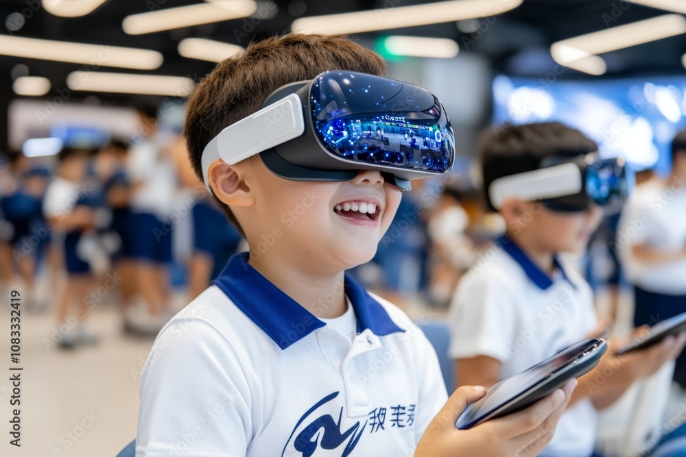 Aufkleber a futuristic classroom with students using tablets and vr headsets, interactive digital screens all 